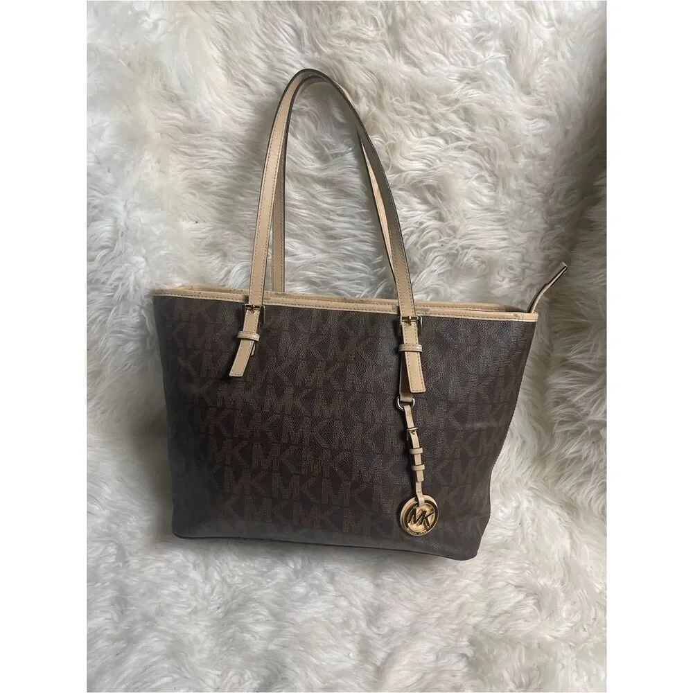 Michael Kors Brown MK Logo Tote with leather Beige Trim& straps